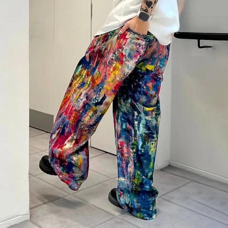 MWJLPWQ Y2K الهيب هوب نمط ملون الكتابة على الجدران الجينز الرجال شارع العليا فضفاض للجنسين واسعة الساق السراويل المد مستقيم الدينيم بنطلون 21062