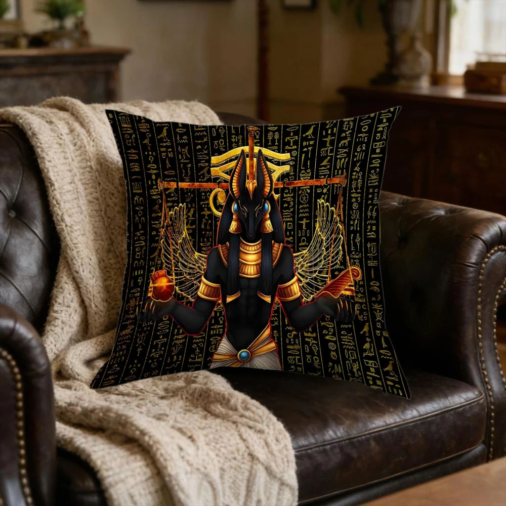 1Pc Egyptian God Anubis Cushion Cover Black Gold Hieroglyphs Pillowcase For Sofa Bed Decorative Throw Case Home Living Room