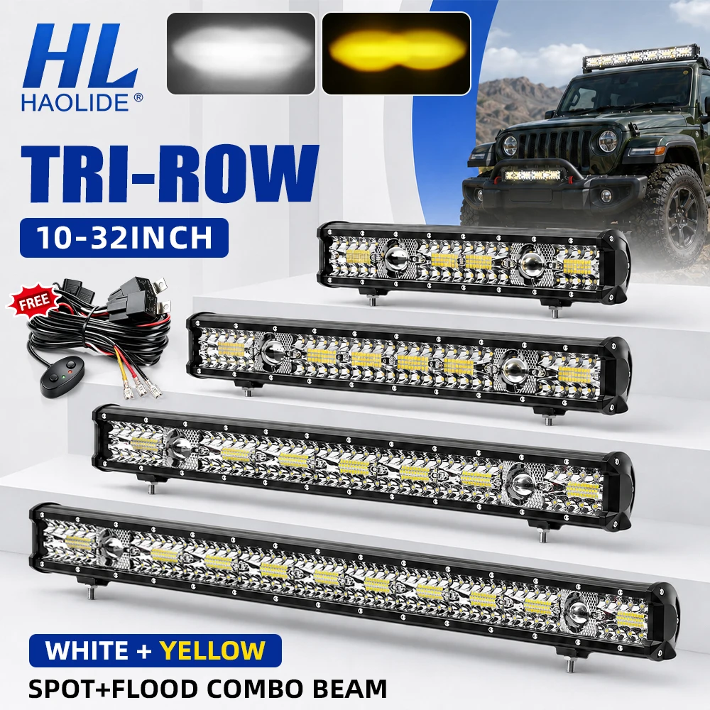 10‑32 Inch Dual Color LED Light Bar White Amber Spot Flood Combo IP68 Waterproof Offroad Driving Lamp For Jeep Wrangler Toyota H