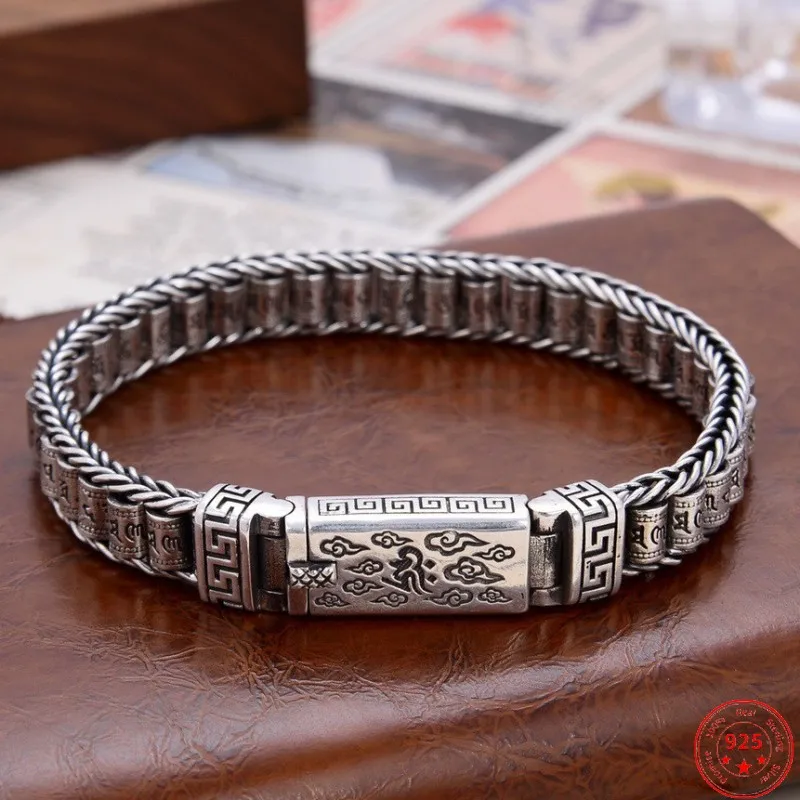 

S925 Sterling Silver Bracelets 2021 Trendy Six Syllable Mantra Prayer Wheel Woven-Chain Pure Argentum Buddhist Bangle Amulet Men