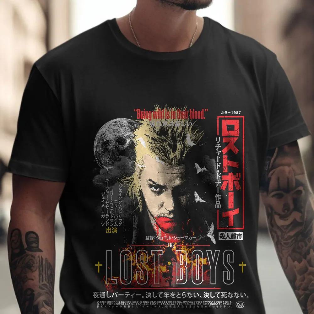 Vintage Japanese Poster The Lost Boys 1987 Vampire Horror Movie 100% Cotton print Graphic T-shirt 0521 Streetwear Unisex Tee
