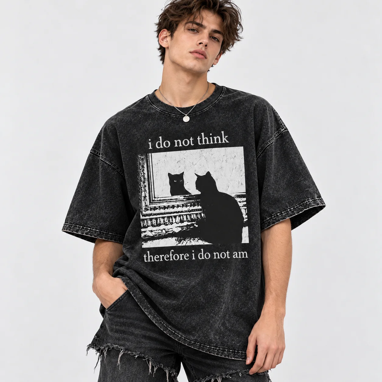 Vintage Washed Cat Meme T-Shirt I Do Not Think Therefore I Do Not Am Philosophy Graphic Tee Unisex  Short Sleeve