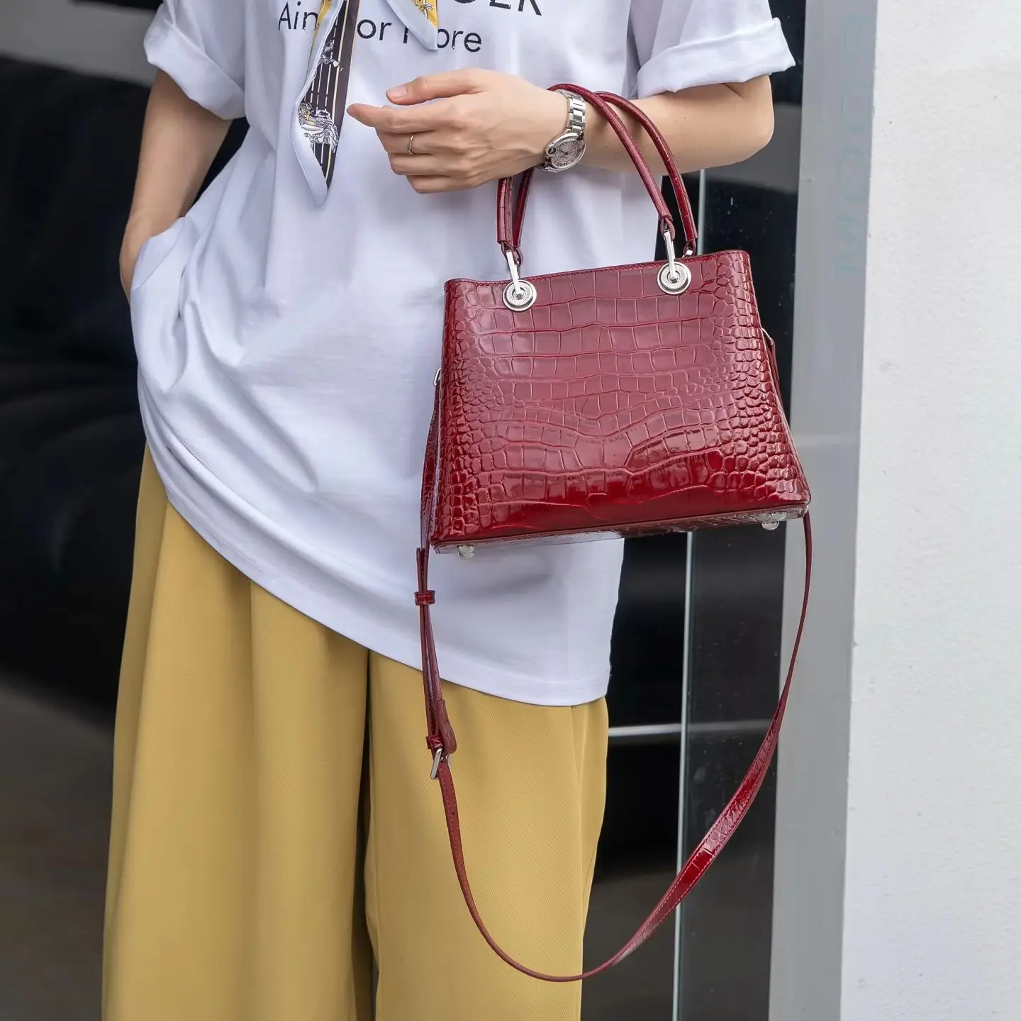 Aidrani Ladies Glossy Croc Print Handbag, Elegant Top Handle Satchel, Removable Shoulder Strap, Multi Pockets Crossbody Bag
