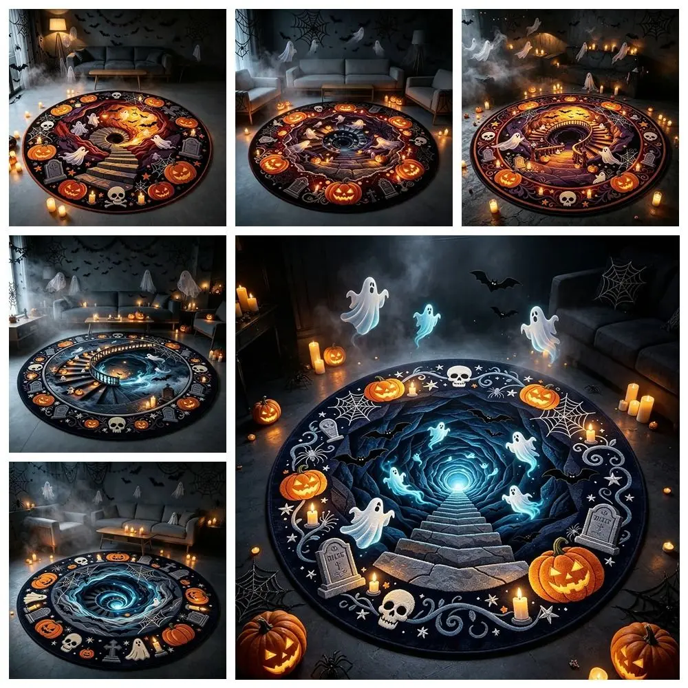 Crystal Velvet 3D Haunted Staircase Round Rug Spooky Optical Illusion Halloween Area Mat Thickened Non Slip Floor Mat