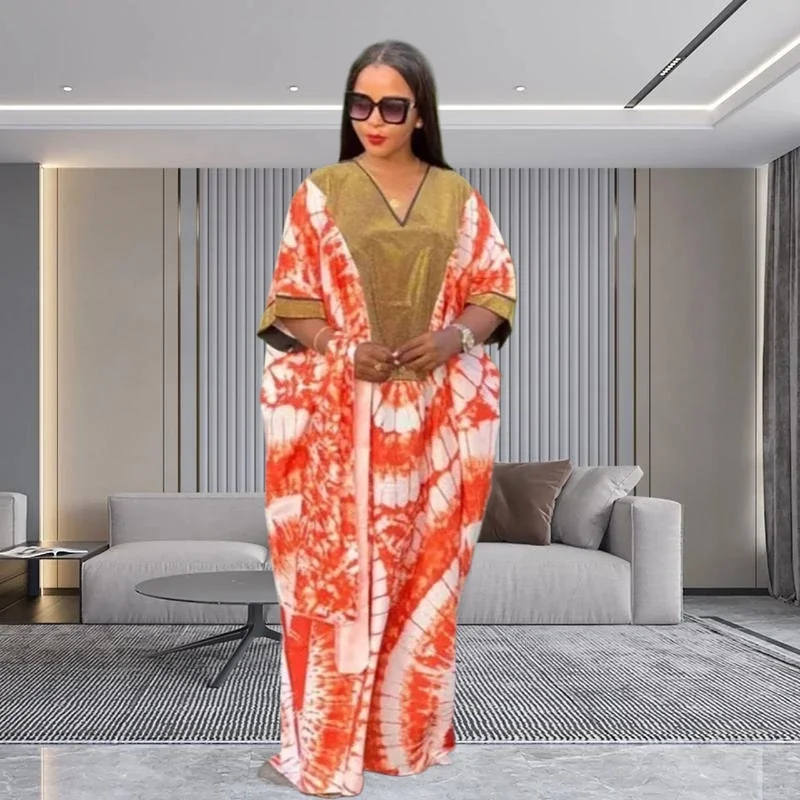 فستان قفطان أفريقي جديد لعام 2025 للنساء بأكمام طويلة بدون أكتاف رداء مقاس كبير بتفاصيل هامشية ملابس شاطئ مريحة صيفية