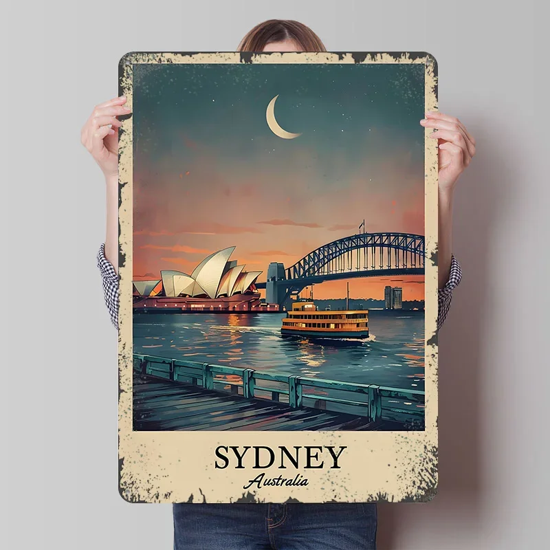 Sydney Australia Travel Printed Poster Customized Wall Art Retro Vintage Metal Tin Signs for Apartment Decoration Room Wand Deko