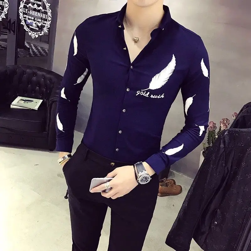 Spring Autumn Fashion Turn-down Collar Long Sleeve Printing Blouse Men's Clothing Slim All-match Korean Button Trend Chic Shirts