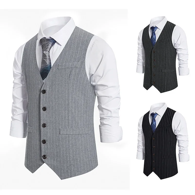 New Men\'s Stripe Vest Suit Vest Single breasted Designer Brand Sleeveless Formal Coat Top Adult Dress Tuxedo