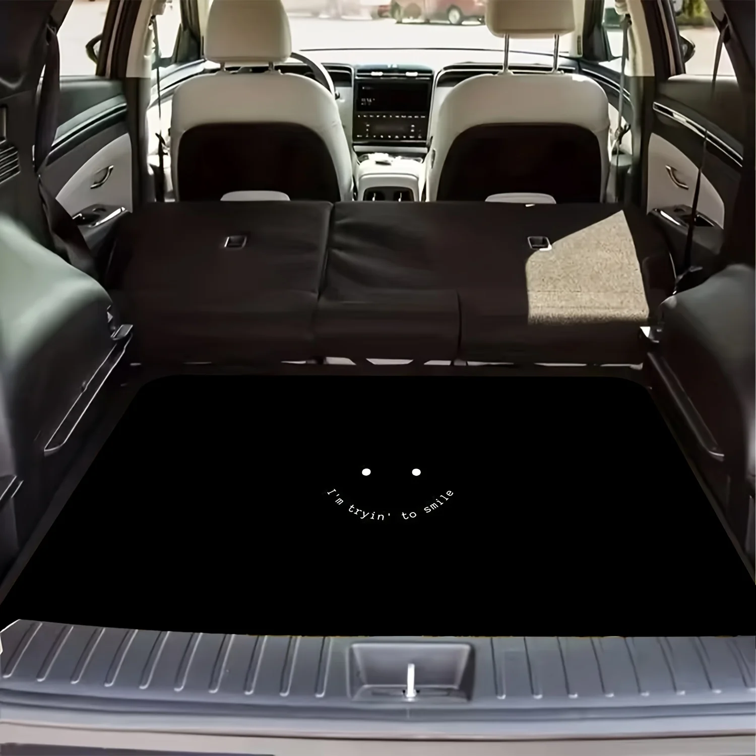 Dark Quirky Smiley Face Car Trunk Mat, Universal Fit Cargo Liner Trunk Protector, Grunge Gothic Auto Interior Additions, Dirt-Re