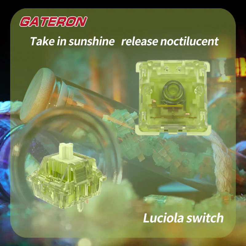 GATERON Luciola Keyboard Switch 5 Pin Linear 55g RGB DIY Hotswap High Gloss Translucent Green Top Housing Glow In Dark