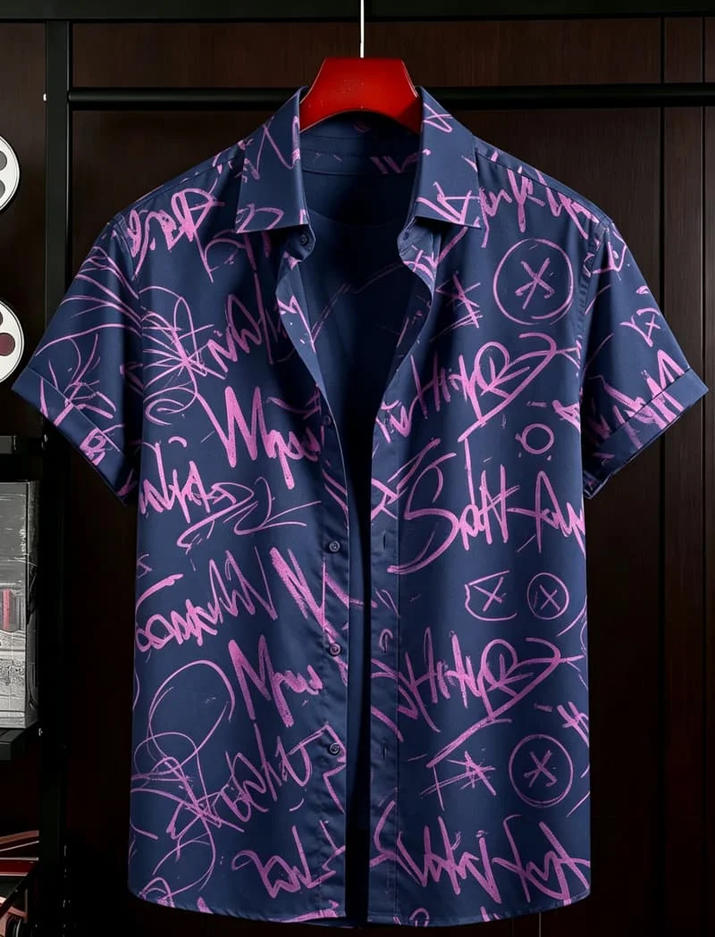 Men's Street Graffiti Printed Vacation Short Sleeved shirt, For Summer wear, Casual activities, And Versatile Urban Style