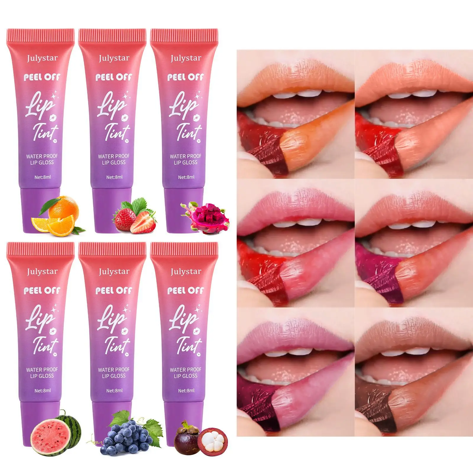 6 kleuren Afscheuren Lip Glazuur Fruitige Matte Vloeibare Lipstick Tint Kleur Dye Waterdichte Lip Vlek Blijvende Make-Up Peel Off Cosmetica