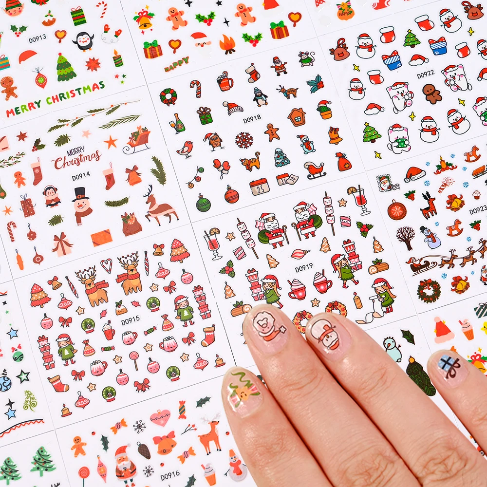 24Pcs Cartoon Christmas Nail Stickers Santa Elk Gingerbread Snowflake Xmas Tree Nails Decals 5.2*6.2cm Winter Manicure Sliders N