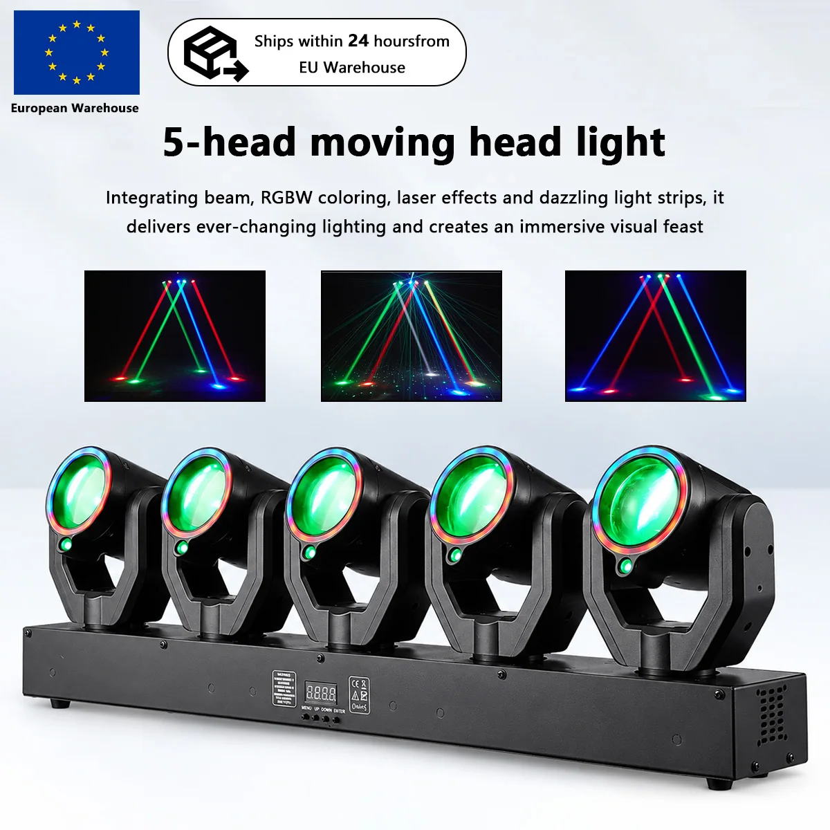 Barra di luci a fascio con 5 testine mobili, effetto laser RGB, illuminazione scenica DMX512 con controllo sonoro per DJ, discoteche, club e spettacoli dal vivo