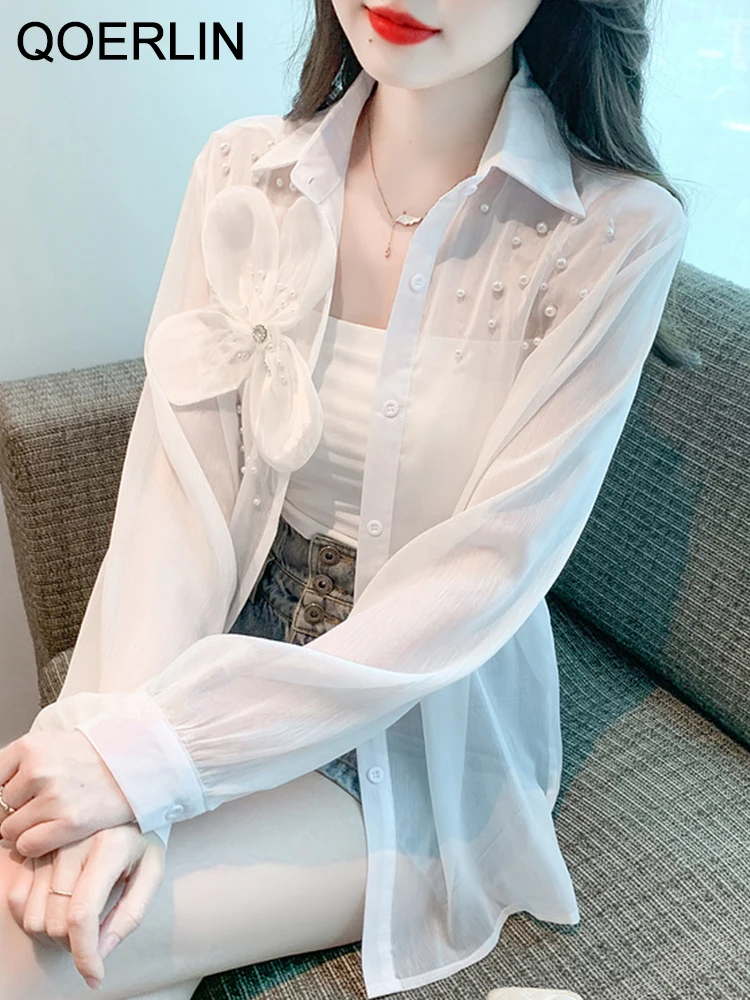 

QOERLIN Thin Summer New Long Sleeve Turn-Down Collar Chiffon Shirts Embroidered Bowtie Loose Casual Blouse Girls Korean Fashion