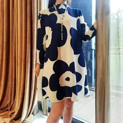 Early autumn pleated half-high collar nine-point sleeves Tibetan blue print age-reducing temperament elegant casual dress women