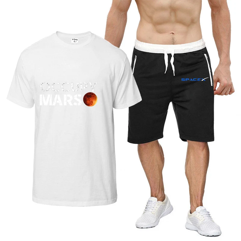 2023 New Men's SpaceX Fashion Print SpaceX Round Neck Comfortable Harajuku Slim Fit Short Sleeve Summer Casual Sweatpants Suit