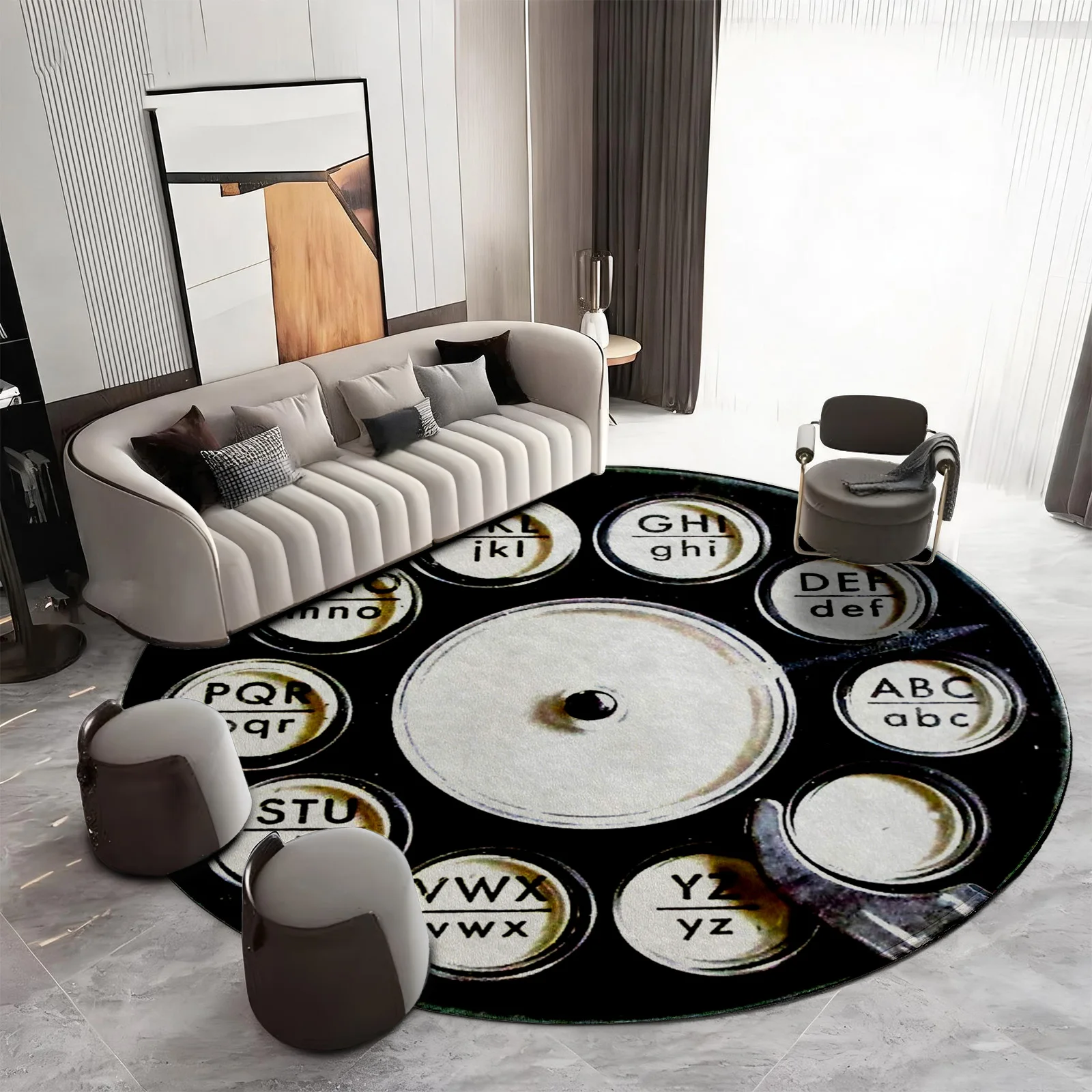 Large Round Letter Alphabet Area Rug for Living Room Home Decor Typography Boho Chic Modern Style Circular Black Carpet Accent M