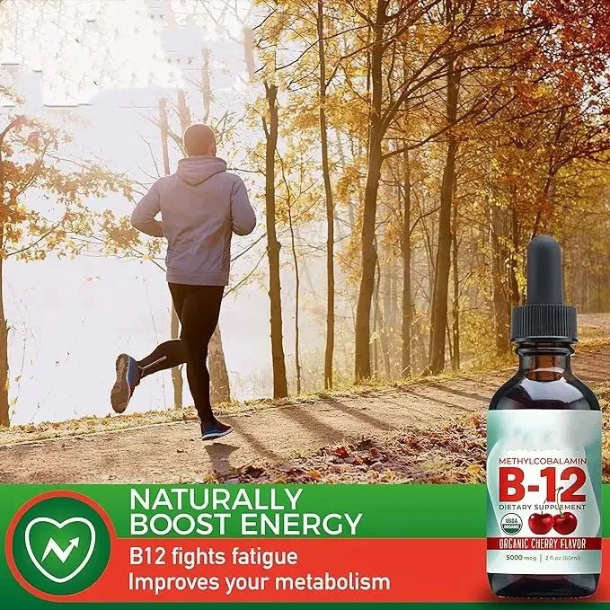 Vitamina B12 Líquida 5000mcg en Gotas con Sabor a Cereza, Metilcobalamina en Gotas Sublinguales, Vegano, Sin Azúcar, Suplemento Dietético, 60ml