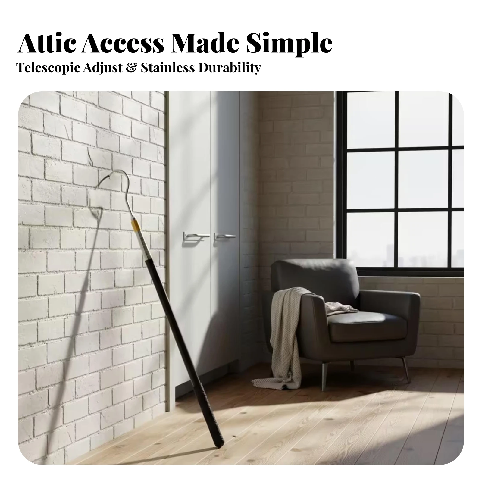 Attic Ladder Pole with Wall Mount Telescopic Attic Pull-down Rod Telescoping Rod with Hook Extendable Reach Tool Adjustable