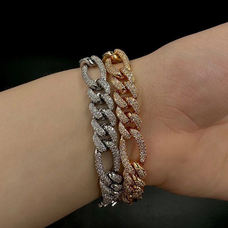 Aokaishen Iced Out Figaro Bracelet Prong Setting Real Gold Plated Hip Hop Jewelry