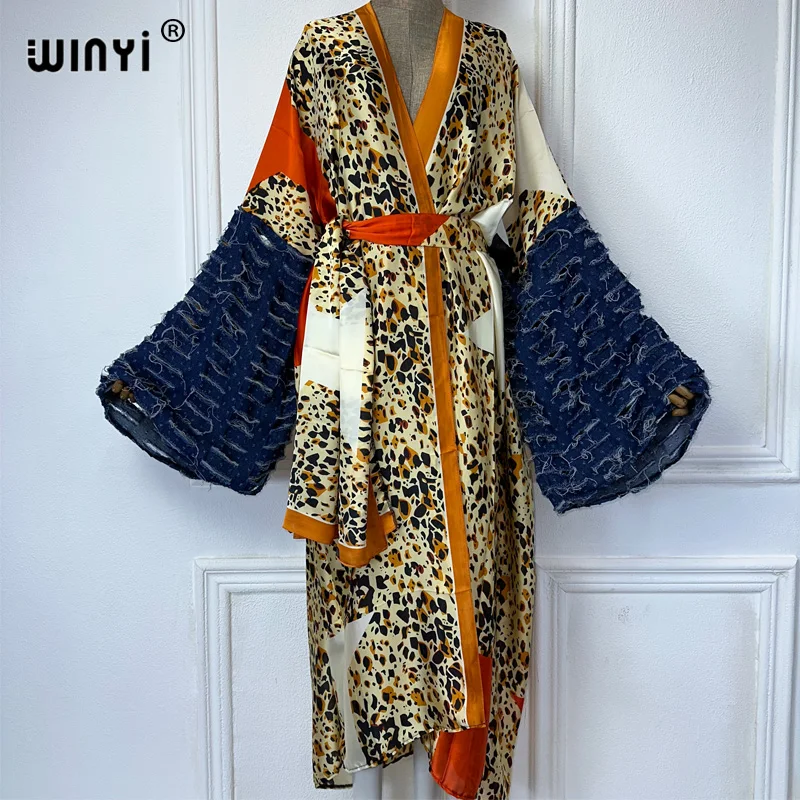 WINYI kimono Africa maxi dress beach wear cover-up elegant Cardigan beach outfits for women Fashion print Jeans design sexy coat