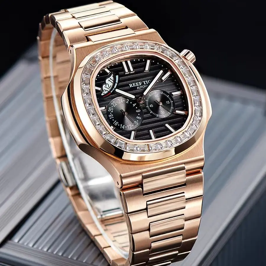 Reef Tiger Men Automatic Watch 44mm Square Mechanical Wristwatch Sapphire Mirror Luminous Multi-dial Date 24 Hours