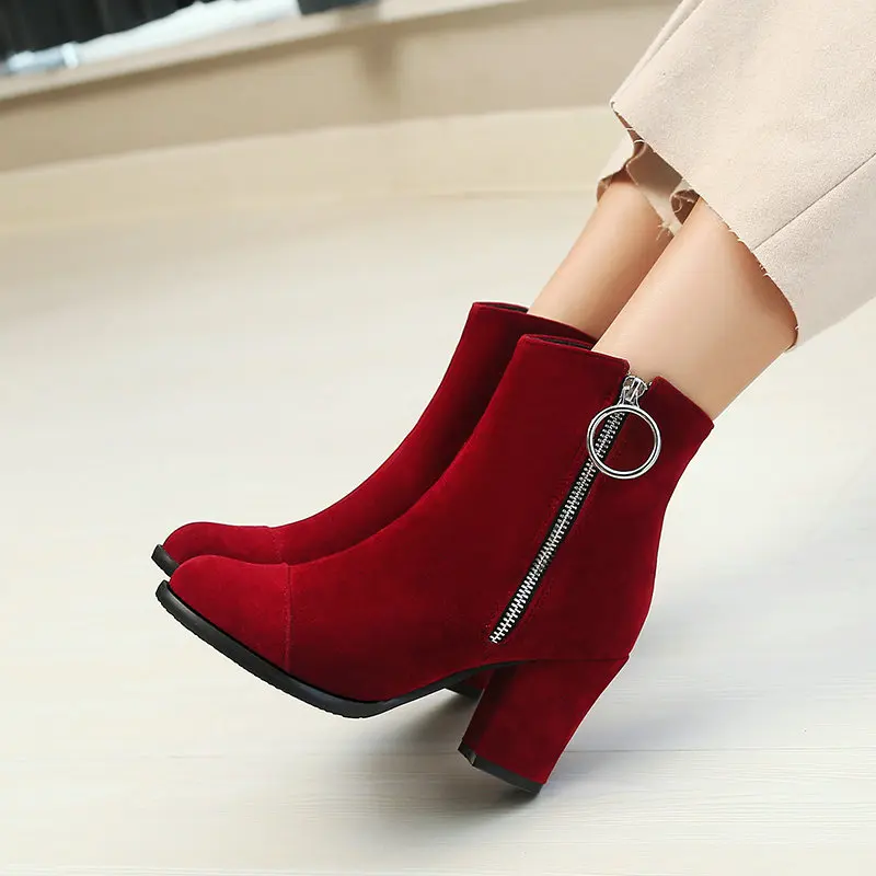 Extra Big Size 33-54 Faux Suede Leather Brown Burgundy Color Winter Shoes  Round Toe Block High Heels Ankle Bootie Short Boots