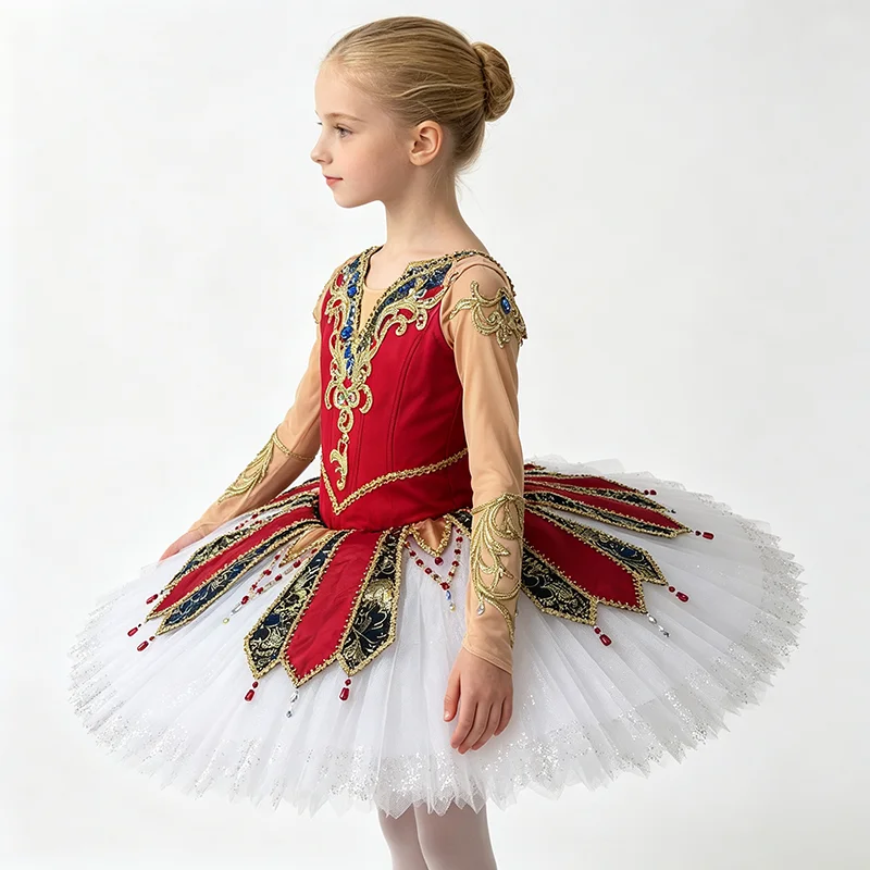 Womens Long Sleeve V Neck Ballet Tutu Performance Dress Gold Line Scroll Rhinestone Diamond Patch Trim Red Gold Contrast Glitter
