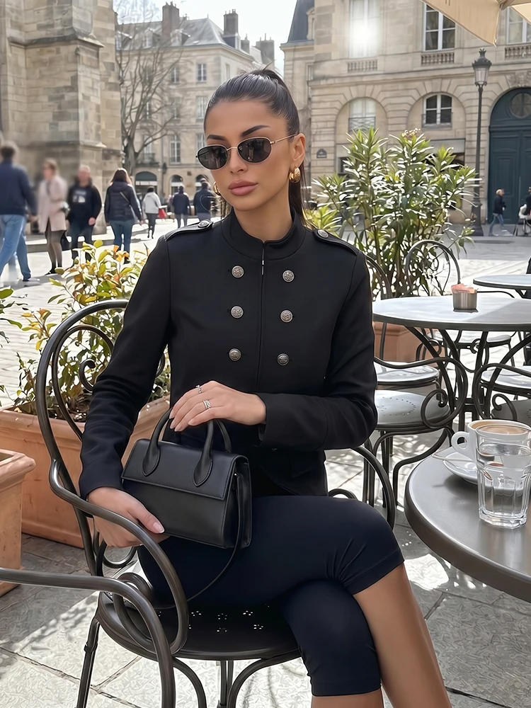 HH Women's Cropped Military Style Jacket Black Stand Collar Double Breasted Blazer 2026 Spring Autumn Casual Streetwear