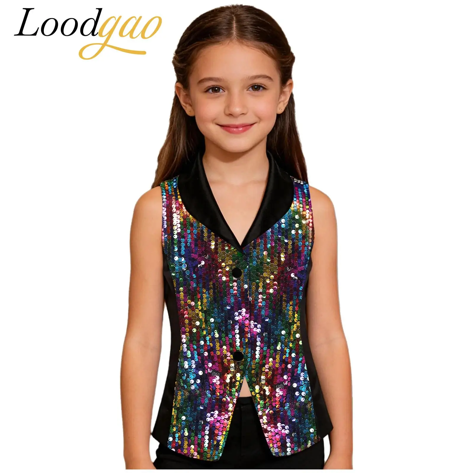 

Детские жилеты с лацканами для девочек, костюм для джазовых танцев, блестящие жилеты с блестками, жилет, наряд для дискотеки, карнавальный сценический жилет
