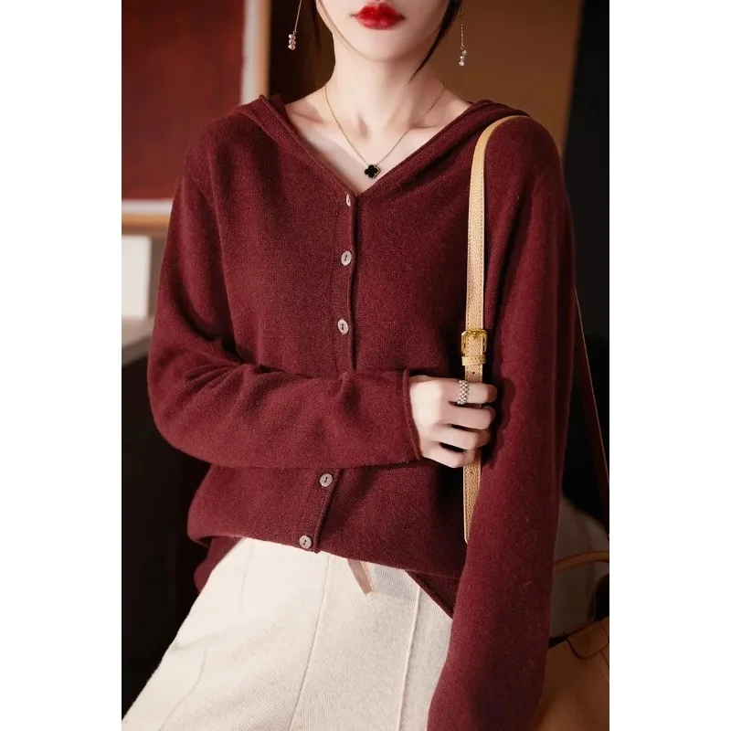 Autumn Winter New 100% Wool Sweater Women's First Line Seamless Hooded Collar Knitted Cardigan Female Casual Warm Soft Top