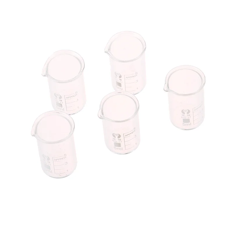 Laboratório Químico Vidro Copo Transparente, Low Form Química Beaker, Capacidade 5ml, 5Pcs