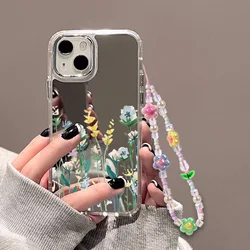 Mirror Make up Phone Cases For iPhone 15 Pro Max Case iPhone 14 13 11 12 Pro X XR XS Max Funda Soft TPU With Phone Lanyard Cover