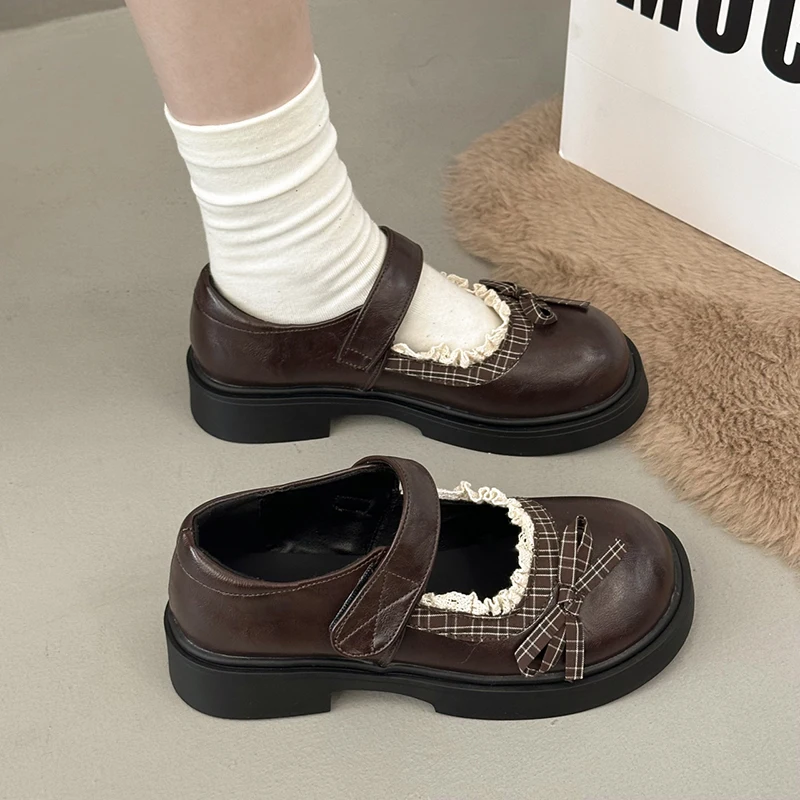 Y2K Sweet Women Mary Jane Shoes Retro Plaid Lace Bow Round Toe Platform Loafers Woman 2026 Thick Sole Gothic Lolita Shoes view 3