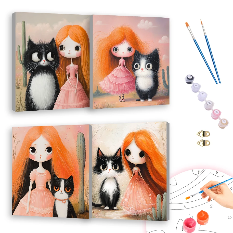 

RUOPOTY Oil Painting By Numbers 20x20cm ready Frame For Beginner Simple Cat and Girl Decorative Modern Drawing Arts Wall Decor