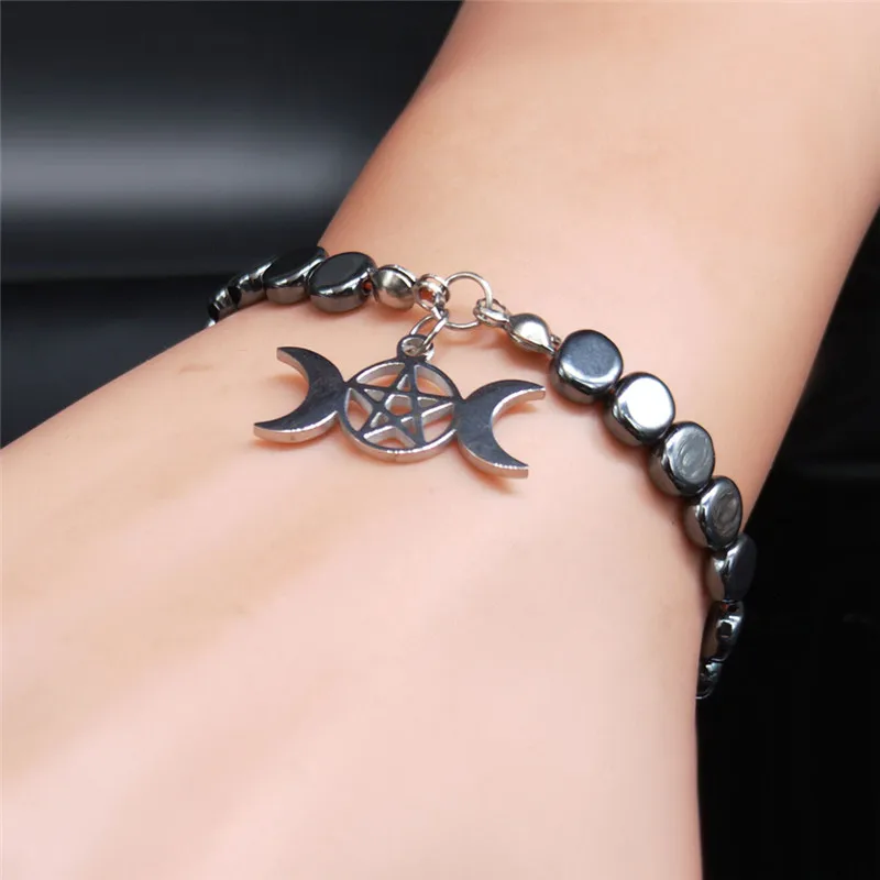 Witchcraft Pentagram Stainless Steel Triple Moon Goddess Bracelet Women Silver Color Bracelets Bangles Jewelry bijoux B1729S02