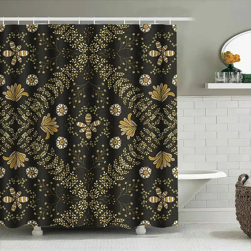 

Роскошная занавеска для душа с цветочным узором, темные цвета для домашнего декора, аксессуары для ванной комнаты 180x243 см, черное золото, белое, зеленое желтое