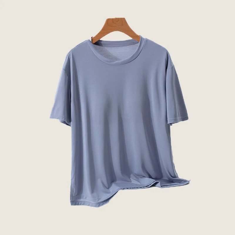 Pyjama d\'Été à Manches Courtes avec Coussinets de Poitrine, en Acétate, T-shirt Simple en Coton Doux pour la Maison, Nouveauté 2024