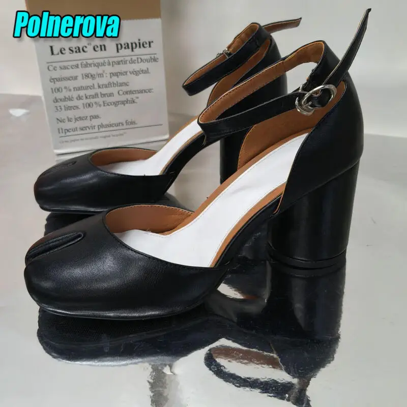 Summer Shallow Split Toe Ankle Buckle High Heels Fashion Designer Solid Patent Leather Round Heel Pumps Party Women Casual Shoes