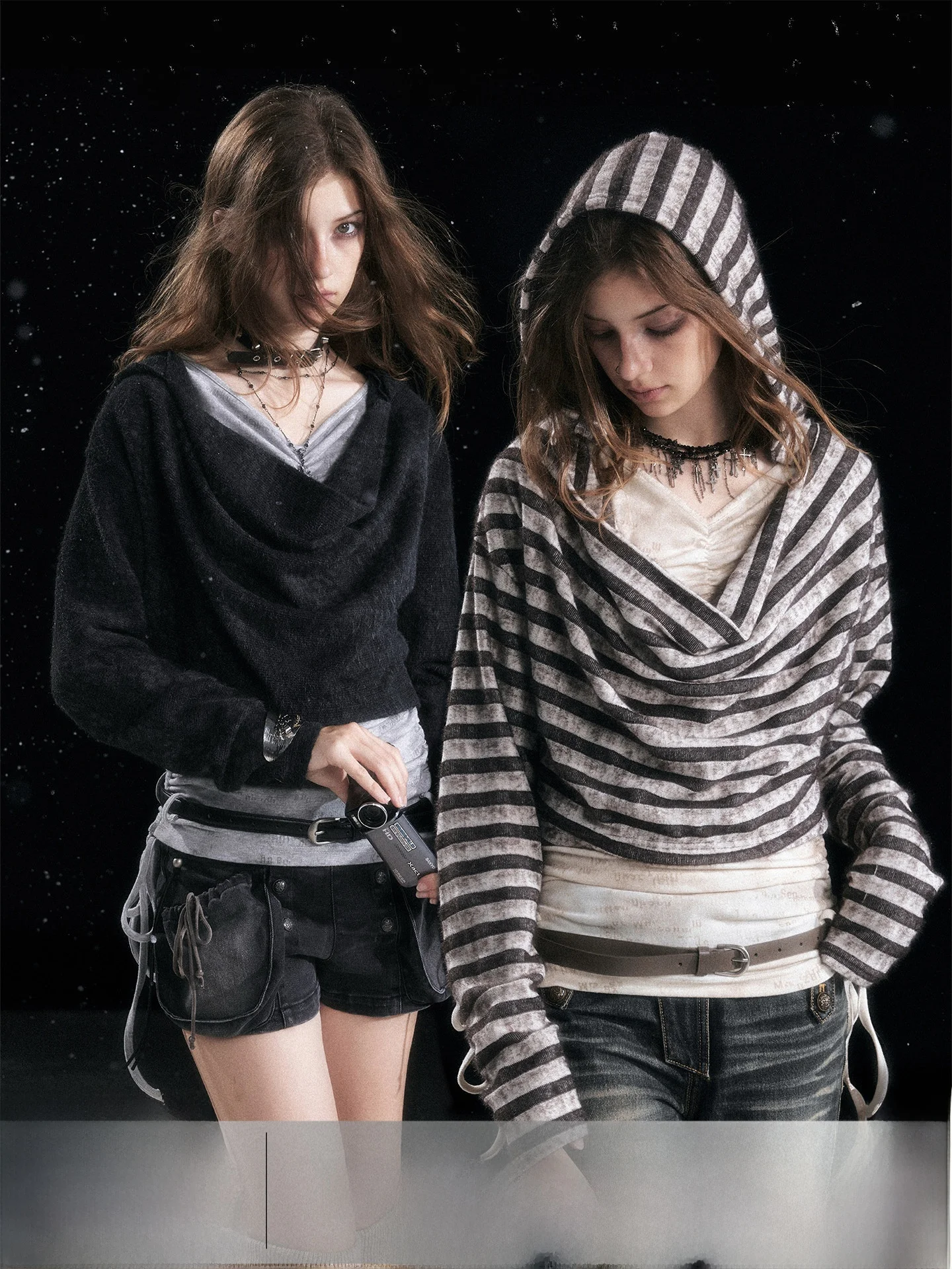 

CestNous Vintage Ombre Striped Hooded Mo Two-Piece Knitwear Women's Autumn Winter Slimming Polyester Blend Long Sve Top