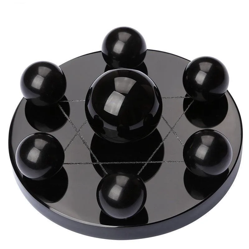 10 cm Natürliche Schwarze Obsidian Stein Kugel Kugel Sieben Sterne Array Runde Grundplatte Fengshui Spiegel Für Home Dekoration geschenk – Detail 2