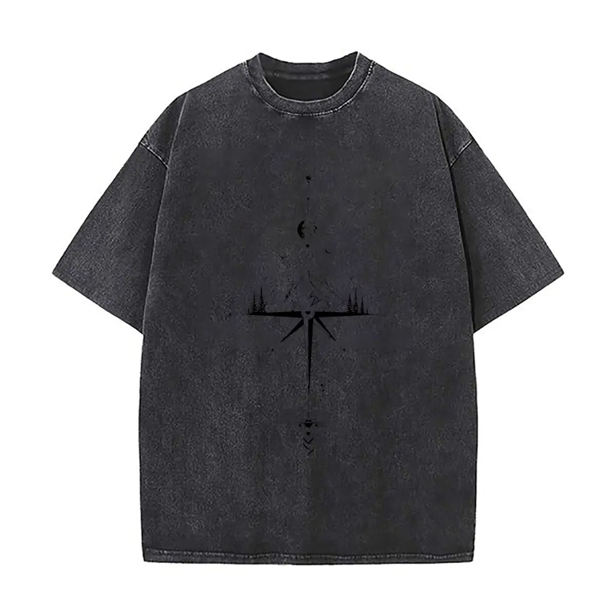 Geometric Mountain Compass Sun Moon Forest Airplane Design Vintage Distressed Loose Streetwear Tops for Campus Days
