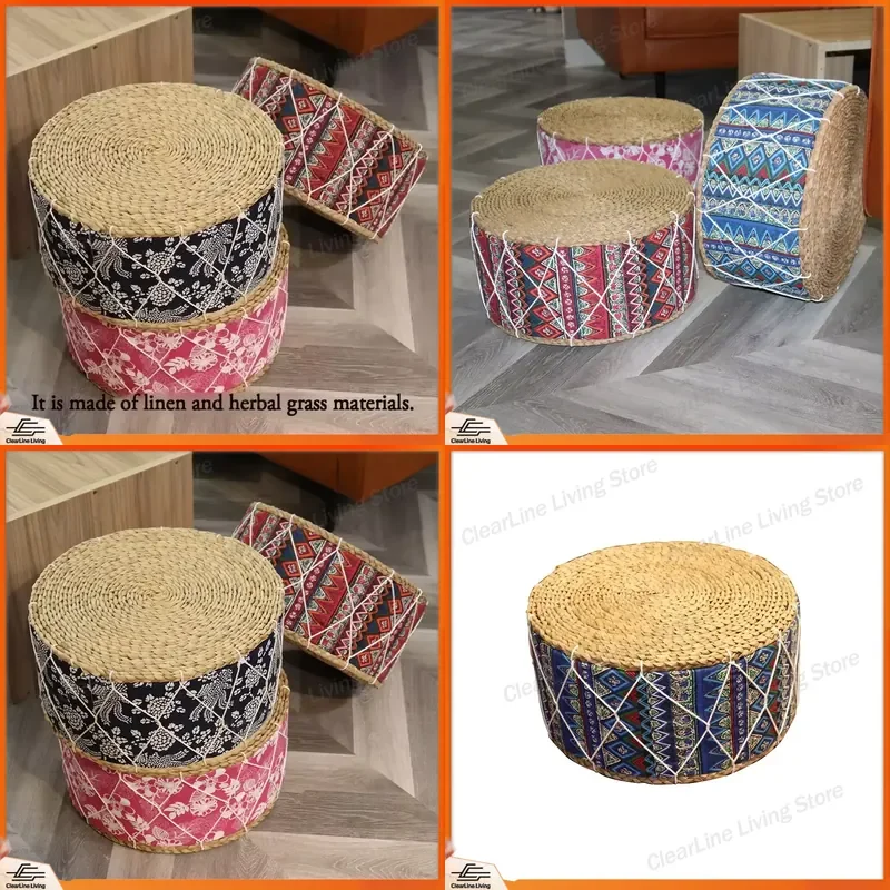 for Hand Woven Grass Vine Bohemian Style Portable Floor Mat Stool Seat Cushion Foot Stool Meditation Seat Living Room Bantam