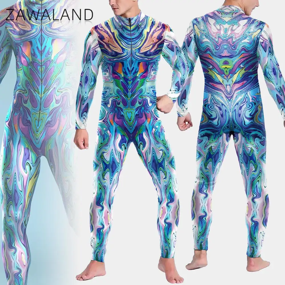 

Zawaland Man Elastic Bodysuits Tie-Dye 3D Printing Colored Line Cosplay Costume Halloween Party Adult Catsuit Jumpsuits