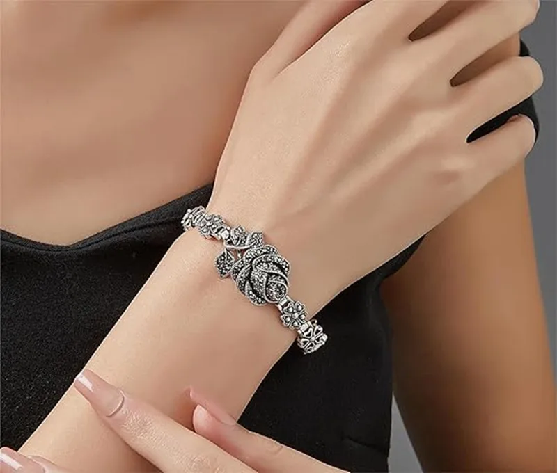 Ajojewel 3 Sizes Vintage Rose Bracelets Woman Black Rhinestone Flower Hand Jewelry Wholesale Girls Gift