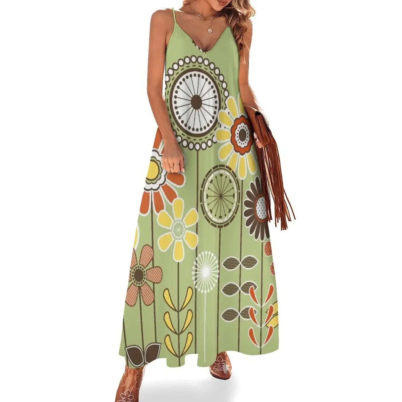 

Cute Flower Mid Century Modern Print - Green Brown Orange Yellow Sleeveless Dress Dress for girls Casual dresses Dress