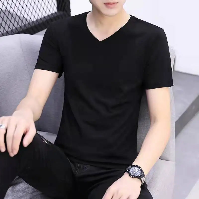 Clothes White Streetwear Slim Fit Elastic Ordinary Men\'s T-shirt Mens Tee Shirts V Neck Smooth Plain Top Cool New In 5xl Gym Hot