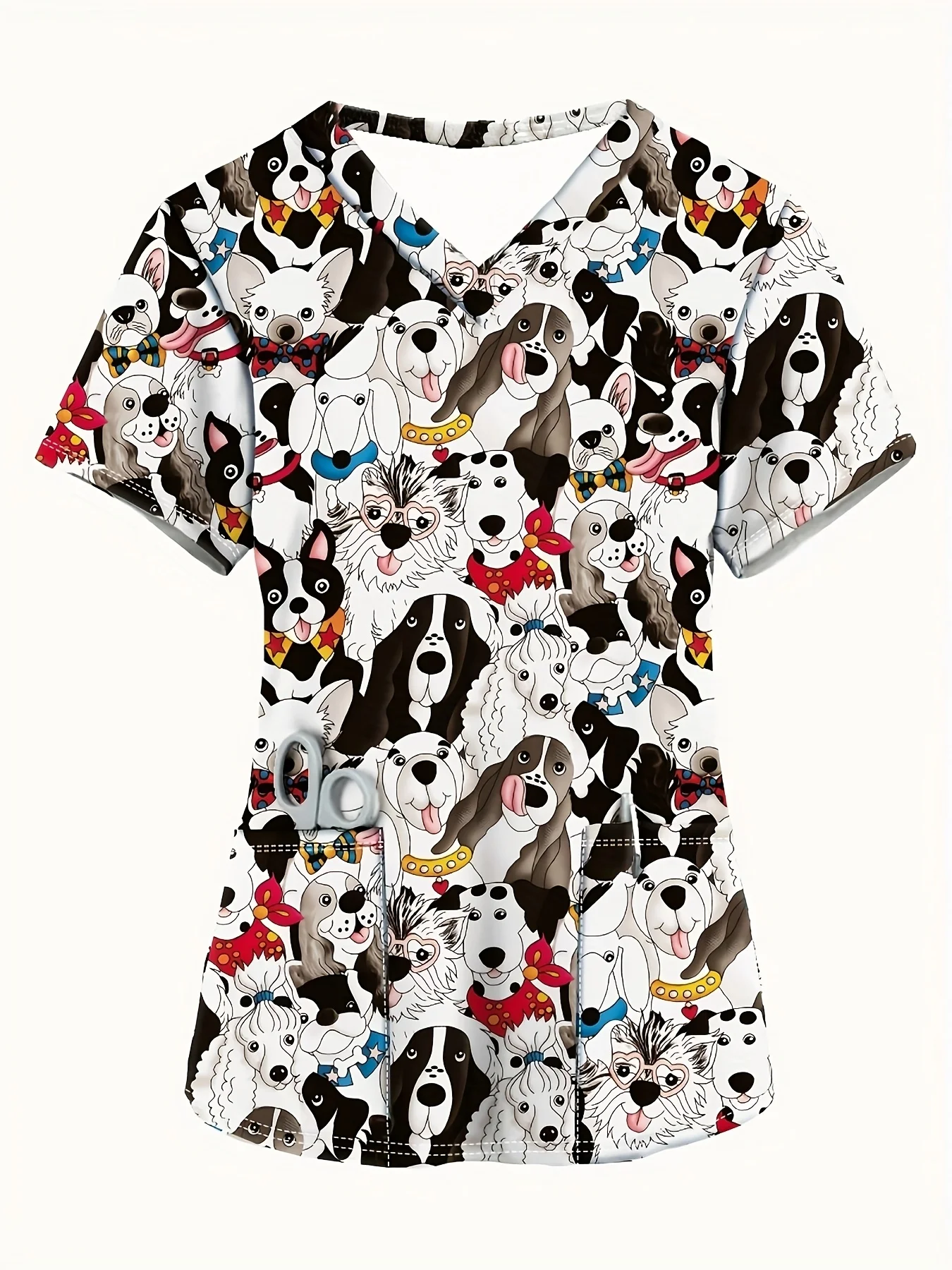 

Surgical Uniforms Woman Women's Cute Cartoon Dog Print V-Neck Short Sleeve Top - Breathable Summer Shirt with Pockets