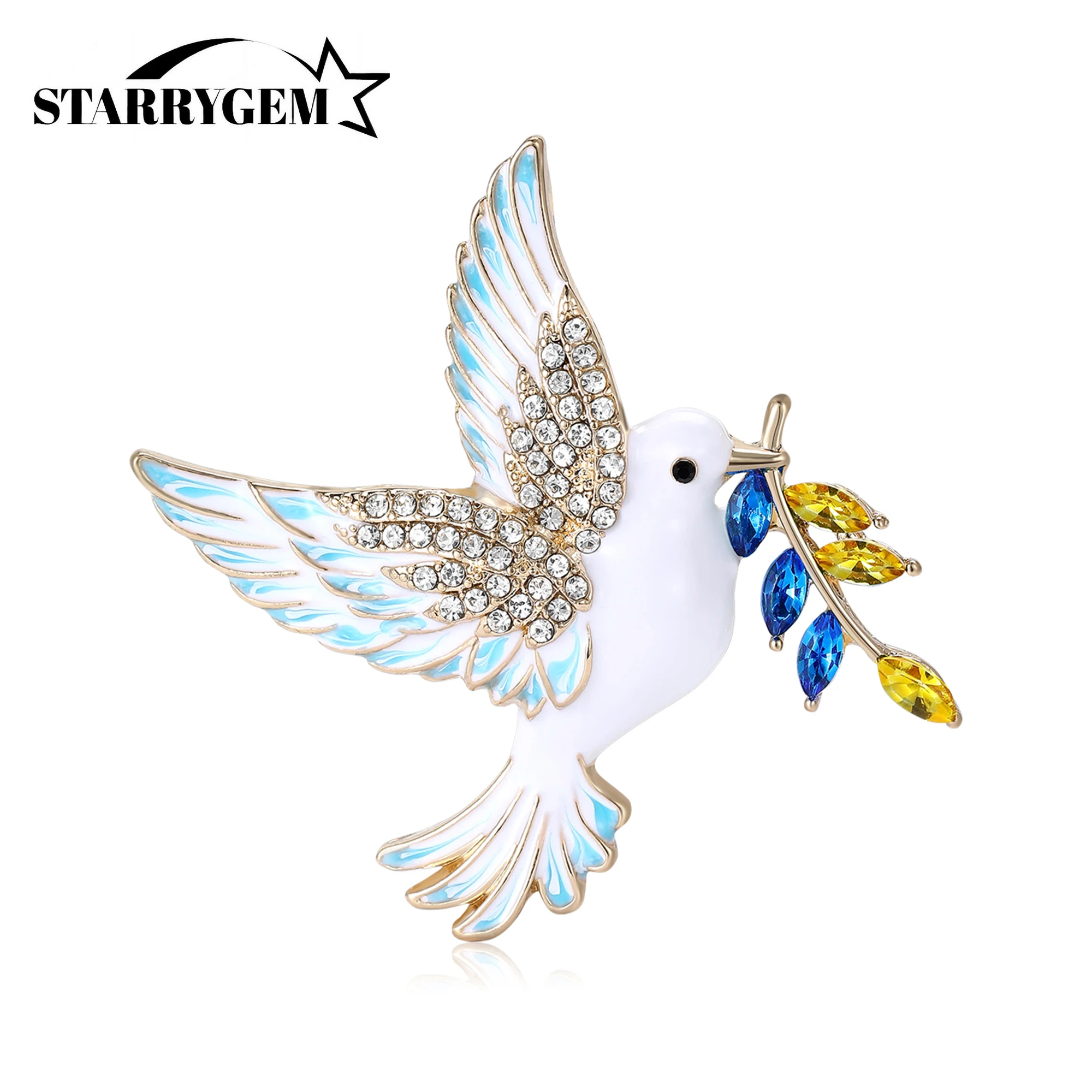 Trendy Rhinestone Bird Brooches for Women Enamel Wheat Pins Unique Design Ukrainian Peace Dove New Year Gifts Accessories